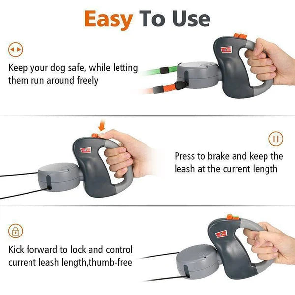 VelvetSnout™ Double Leash with Light, Waste Bag Holder & 360° Swivel