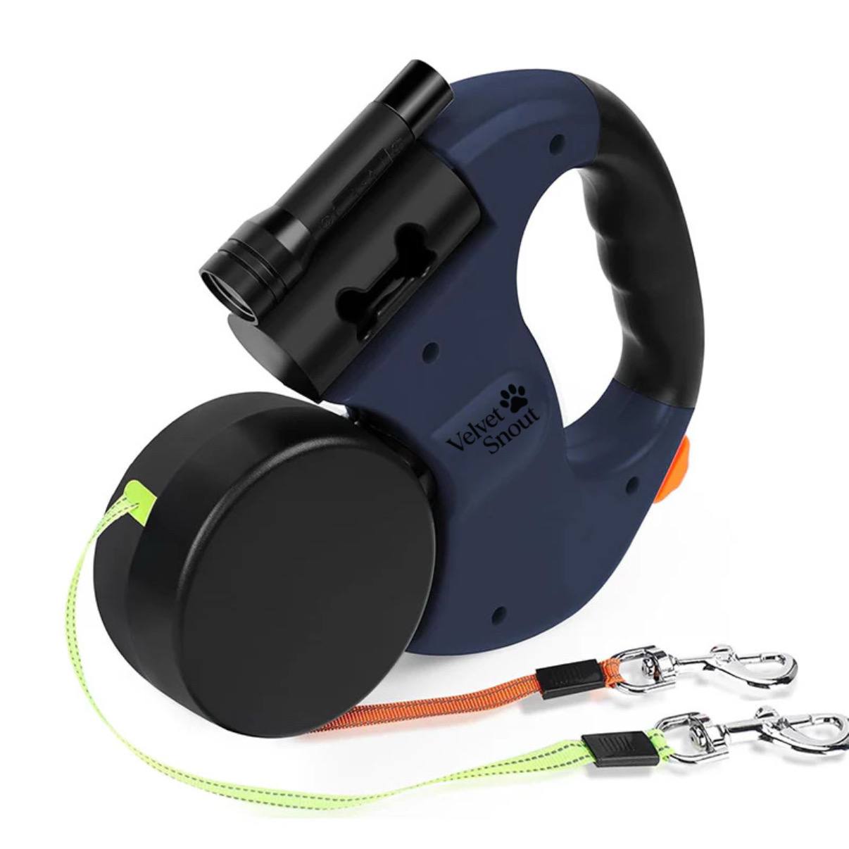 VelvetSnout™ Double Leash with Light, Waste Bag Holder & 360° Swivel