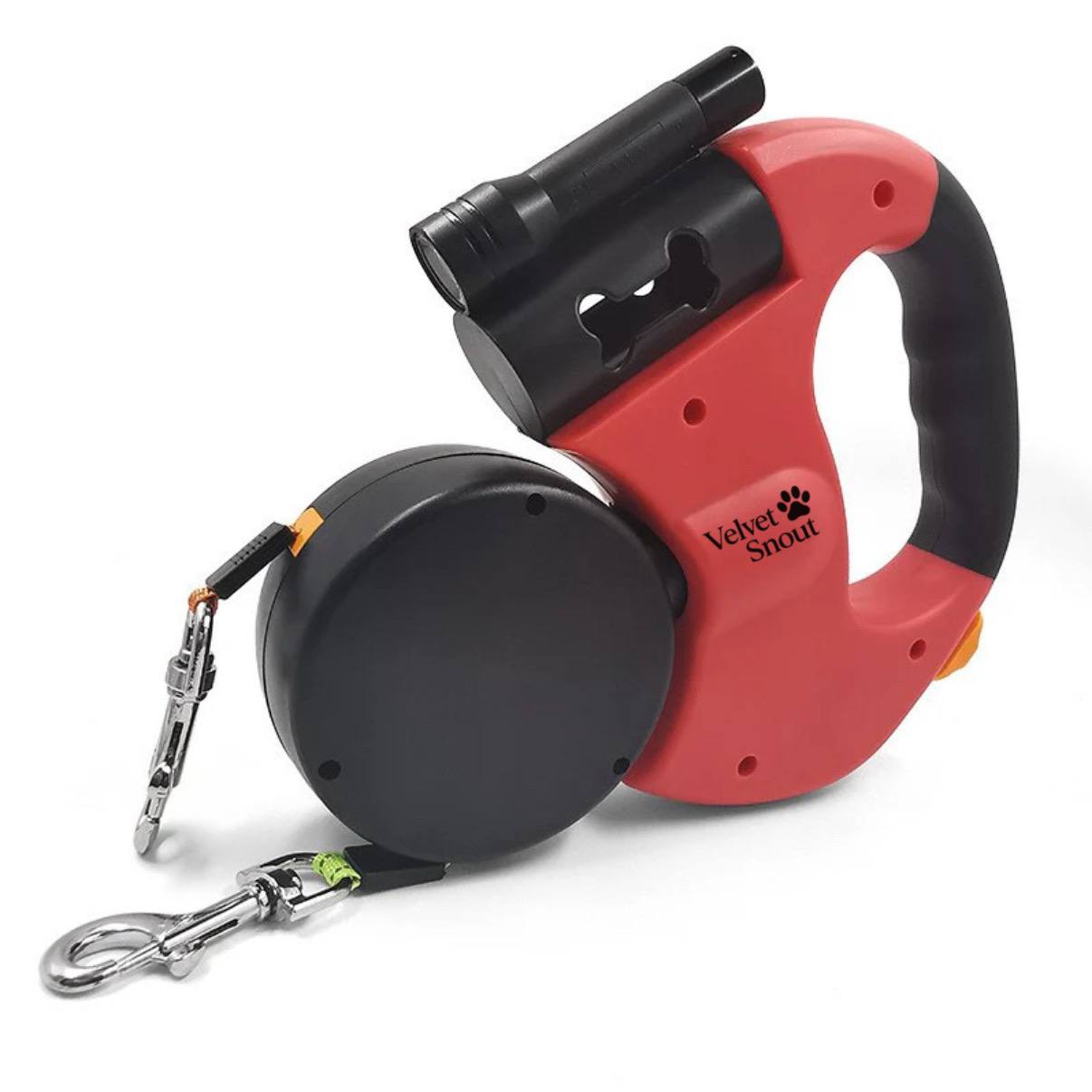 VelvetSnout™ Double Leash with Light, Waste Bag Holder & 360° Swivel