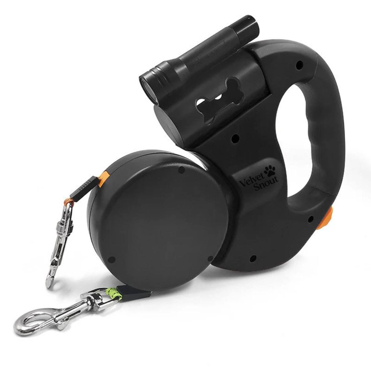 VelvetSnout™ Double Leash with Light, Waste Bag Holder & 360° Swivel
